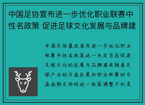 中国足协宣布进一步优化职业联赛中性名政策 促进足球文化发展与品牌建设