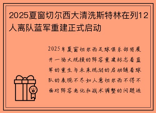 2025夏窗切尔西大清洗斯特林在列12人离队蓝军重建正式启动